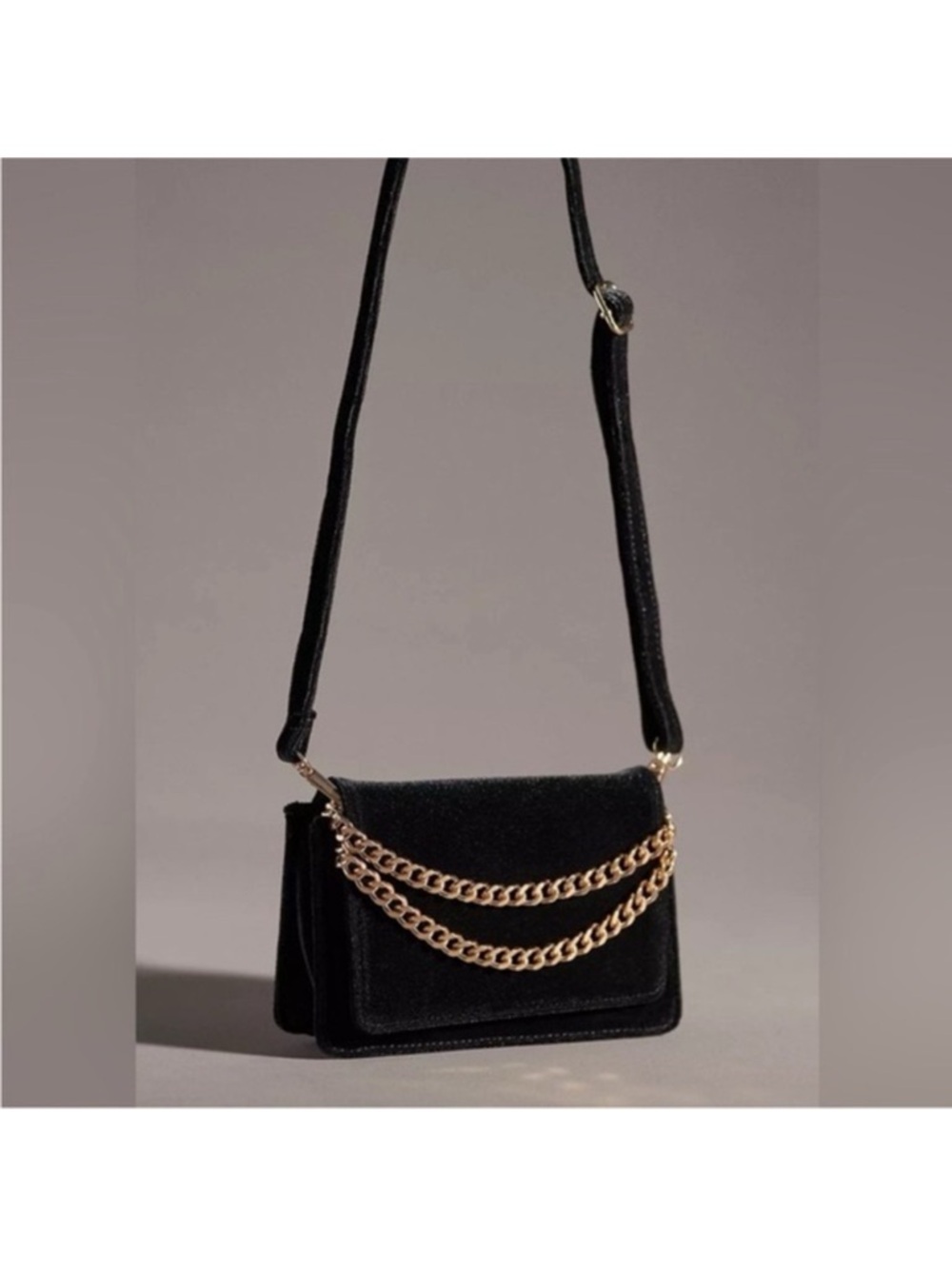 Anthropologie black velvet mini purse gold tone chain NWT